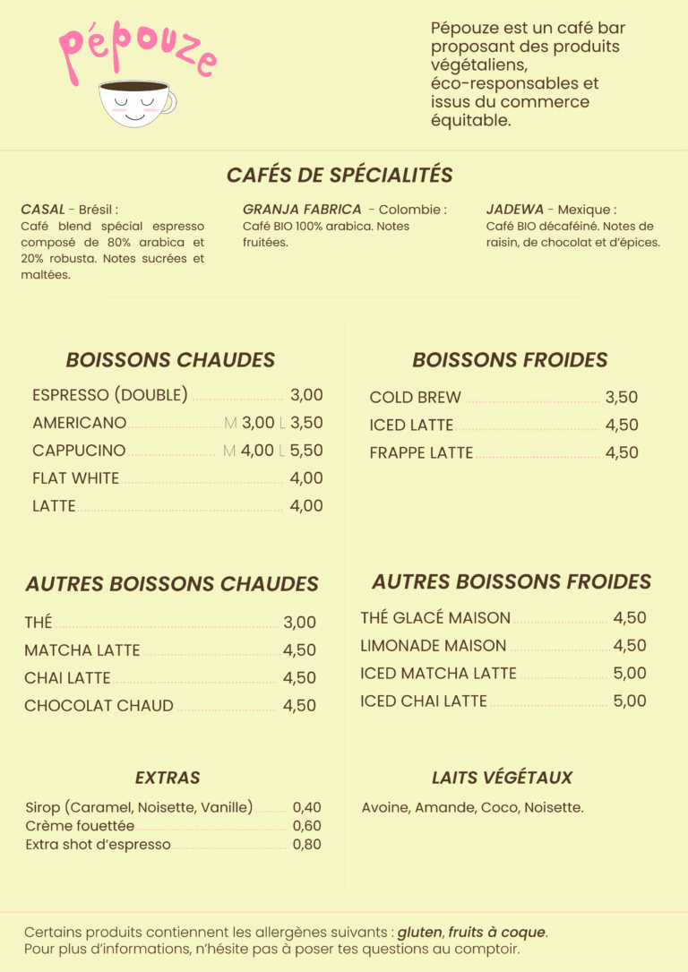 Menu détaillé du café Pépouze
